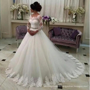 Sheer Neck Lace Appliques Soft Tulle Long Sleeves Ball Gown Wedding Dress with Sweep Train